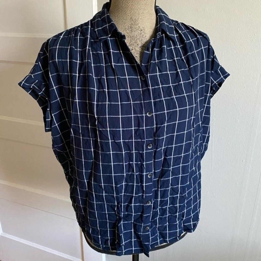 Madewell Navy Checkered Striped Cuffed Short Sleeve Ruched Button Down Shirt